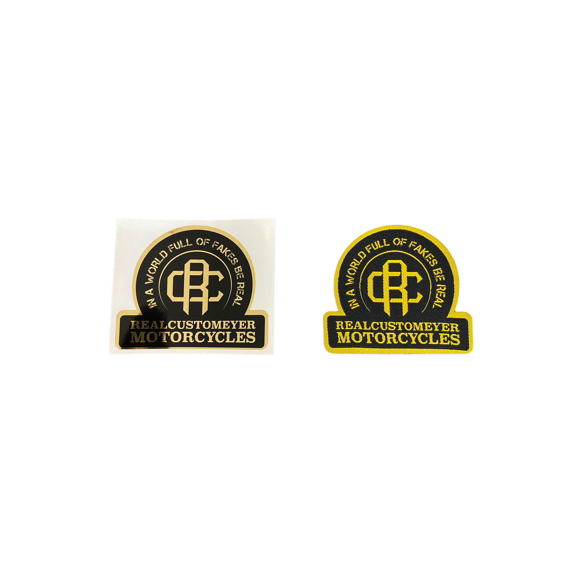 RealCustomeyer “BE REAL” Merch Set – Aufbügel-Patch + Sticker (Schwarz/Gold)